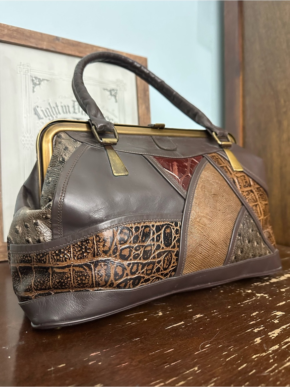 CAPRICE Brown Patchwork Kiss Lock Satchel Western Boho - Picture 2 of 6